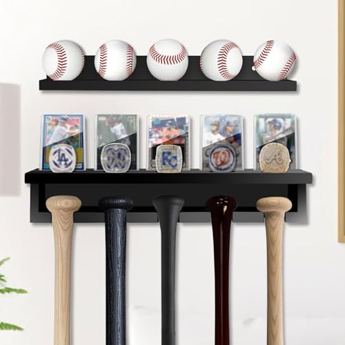 GIASSVIO Baseball Bat Rack Holder for 5 Bats + 5 Balls - Wooden Baseball Bat Wall Mount, Sport Equipment Storage Organizer, Bat Holder Wall Mount Display Holder Black