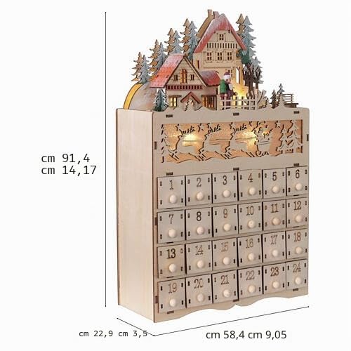 Holyart Avvento: Calendario d'Avvento legno con paesaggio montagna renne 35x20x10 cm luce bianco caldo