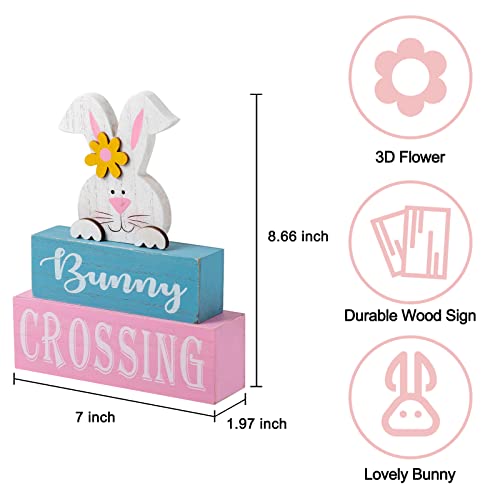 Hogardeck Easter Decorations For The Home, Hogardeck Rustic Bunny Crossing Wood Sign Three-Layer Wooden Block Signs Table Centerpiece Farmhouse Easter Bunny Decor For Mantle Tabletop Tiered Tray Party thumb #3