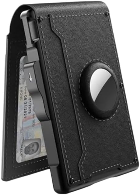 AirTag Leather Card Holder Wallet - RFID Blocking Slim Metal Card Case with Cash Clip for Men (Black)