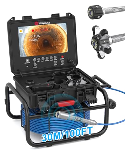 Cámara de Inspección de Tuberías 30M, Sanyipace Cámara de Alcantarillado con Recuento de Distancias, Nivelación Automática y Transmisor de 512hz, HD 9' Endoscopio Industrial con Luces LED, Zoom 5X