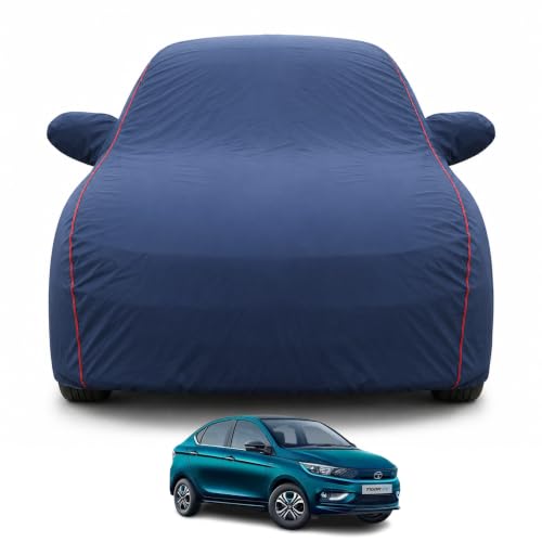 Image of car Cover for Tata Tigor Ev 2021-2026 Models | 100% Waterproof All Weather Protection,Full Body Cover | Mirror & Inner Cotton Triple Stitched Cover, Adjustable Belt Bottom Elastic (Navy Blue)
