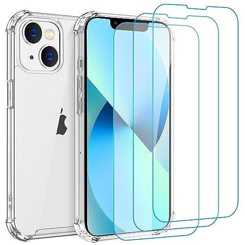 Whioltl Funda para iPhone 13 Mini con [3 unidades] protectores de pantalla de vidrio templado, funda transparente para teléfono, antiarañazos y absorción de golpes, funda básica transparente