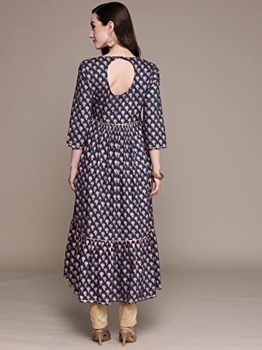 Image of ishin Women's Cotton Navy Blue Embellished Foil Print Anarkali Flared Kurta