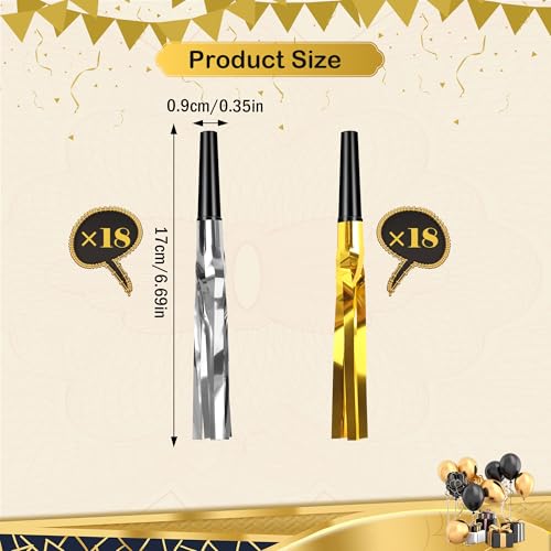 mortd 36 Pcs Gold and Silver Metallic Fringed Party Blowers Noise Makers, Glitter Whistles Noisemakers Horns for New Year 2026 Eve Birthday Wedding Sporting Events Party Favor Supplies Decorations