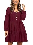 Fleur Wood Women's Casual Button Down Long Sleeve Tiered Ruffle Babydoll Dress Loose Fit Wine Red
