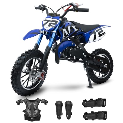 Image of Gas Dirt Bikes for Kids, 50cc 2 Stroke Kids Dirt Bike, 49cc Dirt Bike Up to 24 MPH Pull Start, Pit Bike for Boys Girls, Gas Dirt Bike Dual Disc Brake Inverted Fork Off Road Blue with Armor Suit Set