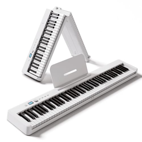 TVTKE電子ピアノ 88鍵盤 【折り畳み式】 充電型 生ピアノと同じ鍵盤サイズ MIDI対応 128種音色 コンパクト 軽量 携帯型 ペダル付属 USB充電ケーブル付き 初心者 子供 ピアノ練習 (ホワイト)