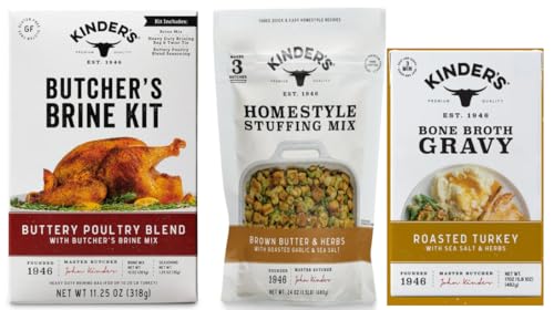 Butcher’s Turkey Brine Kit, 11.25 oz, Homestyle Stuffing Mix, 24 oz, Roasted Turkey Bone Broth Gravy, 17 oz, For Kinders