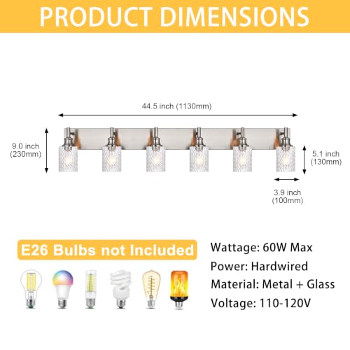 Image of 6 Lights Brushed Nickel Bathroom Light Fixture, Clear Fluted Glass | Modern Bathroom Vanity Lighting Fixtures over Mirror, E26 Socket Metal Wall Sconces, for Bedroom, Living Room, Powder Room