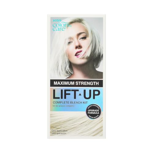 Kiss Colors & Care Lift Up Complete 6 Pc DIY Hair Bleach Kit with Revitalizing Plex Serum, ICE, Powder Lightener, 40 Vol Developer, Icy Silver Toner, One Application, Gentle Conditioning, Non-Drip