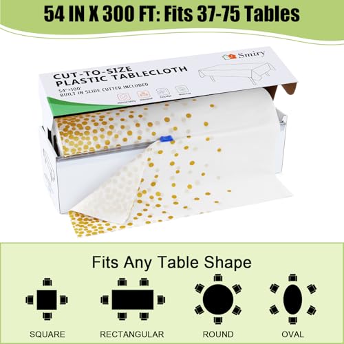 Smiry 54 Inch x 300 Feet Disposable Table Cover Roll, White & Gold Plastic Table Cloth in Cut-to-Size Box with Slide Cutter, Waterproof Rectangle Tablecloths for Weddings, Banquets, Outdoor by Smiry - Used condition - Image 7