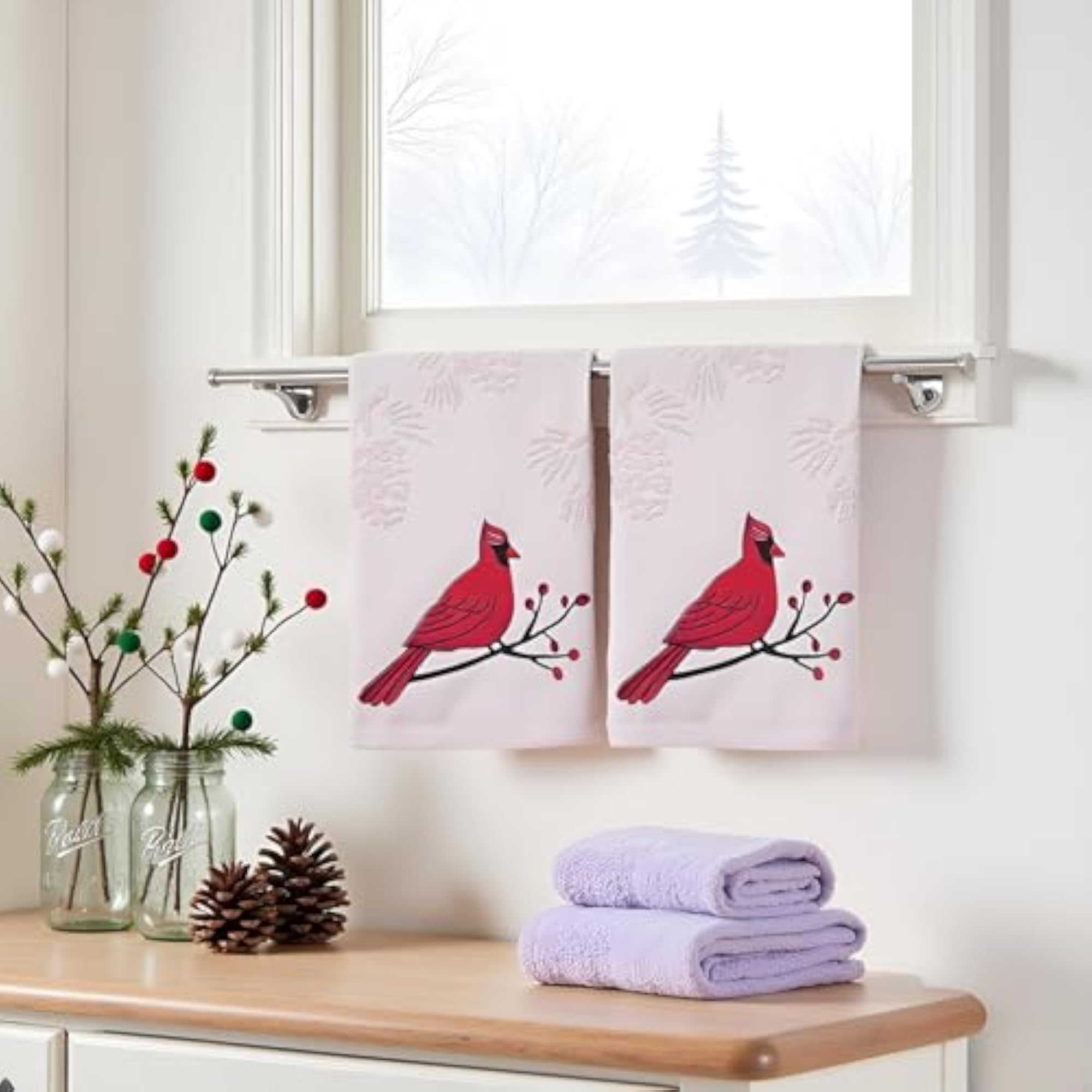 Cotton Jacquard Pine Cone Embroidered Christmas Hand Towels Set