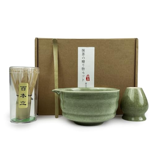VELLUSTRA Set Di 4 Pezzi Frusta Matcha Kit, Whisk Set, Cucchiaino, Portafrusta, Supporto in Ceramica, Ciotola per Beccuccio, Matcha Tradizionale Giapponese Accessorio, per la Cerimonia Del Tè