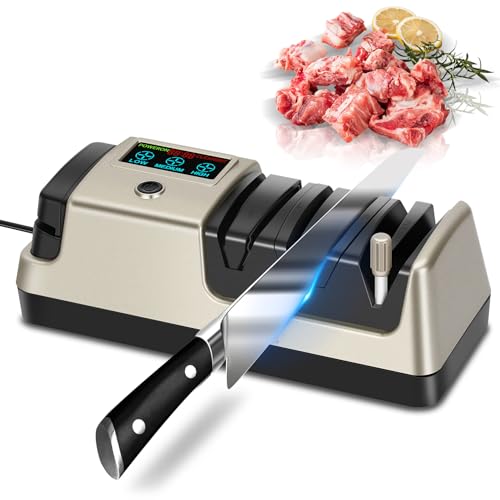 Fuceter Amolador De Facas Elétrico 5 Em 1 Com Tela Lcd, 3 Velocidades De Rotação Ajustáveis, Para Facas Retas, Serrilhadas, Cutelos De Carne, Facas De Cerâmica E Tesouras, Louro Claro