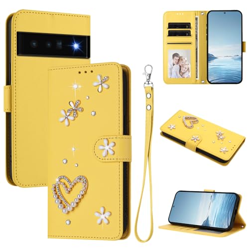 Jiajihua Case Compatible with Google Pixel 6 Pro Lanyard【Card Holder Wallet Flip Cover Magnetic Buckle Kickstand】 Yellow