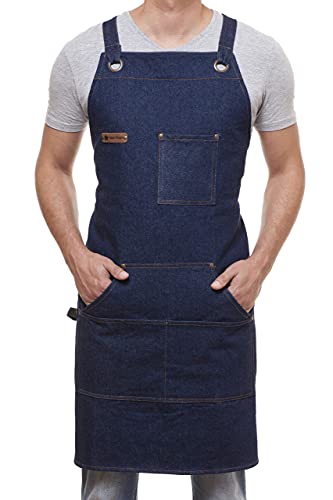 Arawak Brave Denim Apron For Chef Kitchen Bbq Grill Blue Towel Loop + Quick Release Buckle + Tool Pockets Adjustable M To Xxl #TOP2