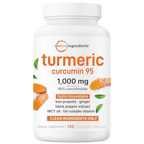 Pure Turmeric Curcumin Supplement 1,000mg | 95% Curcuminoids | 120 Veggie Capsules with Bee Propolis, Ginger, MCT Oil, Fat Soluble Vitamin C, & Black Pepper for Better Absorption | Filler Free