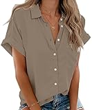 Beautife Womens Short Sleeve Shirts V Neck Collared Button Down Shirt Tops with Pockets (Large, Khaki)