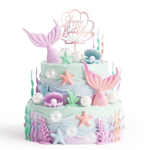 28PCS Mermaid Cake Topper Set Under the Sea Cake Decorations Seashell Cakes decorations with Mermaid Tails Starfish Seashell Coral Seaweed for Ocean Theme Birthday Party Cakes Cupcake Decor (Mermaid)