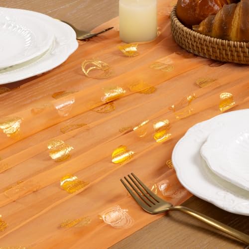 Image of Fall Pumpkin Table Runner Orange Sheer Gauze Foil Table Runner, 6PC