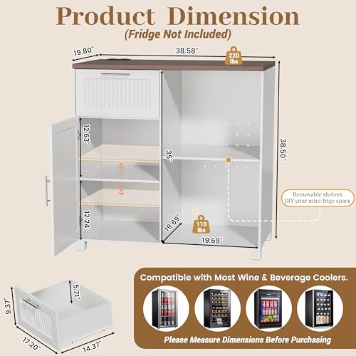Image of 38.6 inch Long Fluted Mini Fridge Cabinet with Power Outlet & Drawer, White