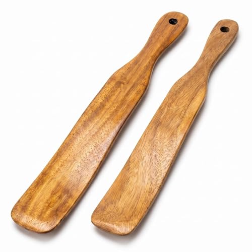 2PCS 11-in Skinny Spurtle Premium Teak Wooden Spurtle Dough Stirring Stick Sourdough Starter Cake Mixing Dough Whisk Flat Edge Stirrer Sourdough Bread Baking Supplies No Lacquer Nonstick-Safe