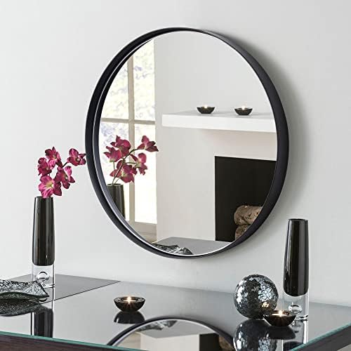 Clavie Bathroom Mirror Black Round Mirror 18 x 18 inch Modern Wall Mirror Metal Frame Circle Mirror Small Wall Mounted Decorative Mirror for Vanity, Bedroom, Living Room, Entryway