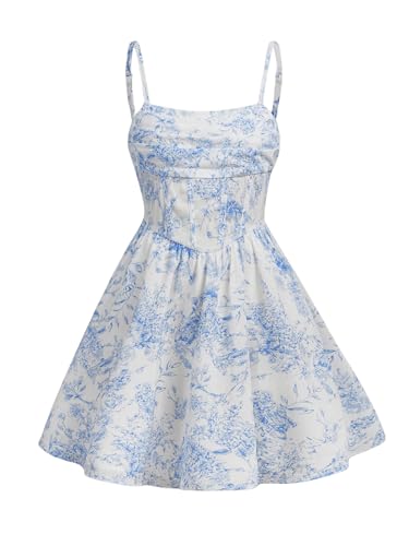Floerns Girl's Floral Print Sleeveless Ruched Ruffle Hem A Line Cami Short Dress White Blue 11Y