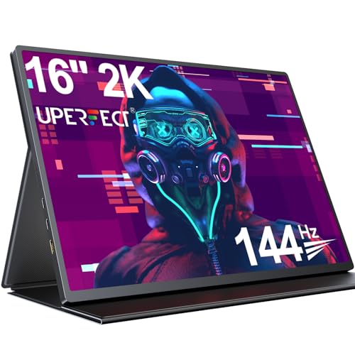 UPERFECT Portable Monitor 2K 144Hz, 16 Zoll Tragbarer Monitor USB C Display mit 2560 * 1440 IPS Bildschirm 1200:1 400 Nits Hohe Helligkeit HDMI Typ C für PC Laptop Xbo Switch PS4/5, VESA-kompatibel
