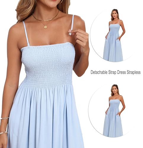 Image of Women Detachable Strap Beach Dress Strapless Smocked Pockets Maxi Dress | Removable Straps Flowy Swing A Line Maxi Beach Dress Boho Vacation Casual Smocked Strapless Beach Wedding Guest Sundress