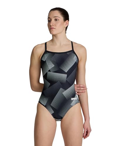 ARENA Women's Swimsuit Halftone Team Print MaxLife Sports Suit Light Drop Back One Piece Bathing Suit Competition Training Racing Swimwear, Black/Team Black, US Size 20