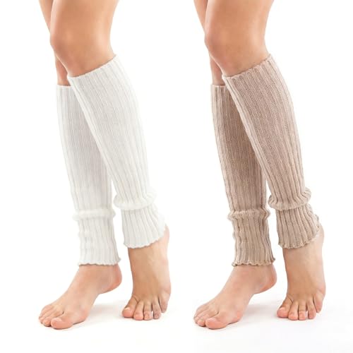 Ezymivs 2Pairs Leg Warmers for Women Girls Ribbed Knit, Fashion Knits Warm Leg Warmers, Knit Long Legs Warmer, 80s Party Dance Sports Socks for Skating Daily Wear