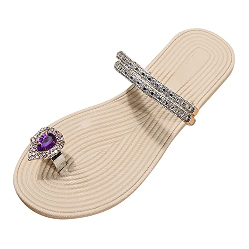 Chanclas de punta abierta para mujer, con diamantes de imitación, sandalias planas con tiras con purpurina, cómodas y elegantes, para verano, playa, tacón bajo, brillantes, color negro, Purple, 40 EU
