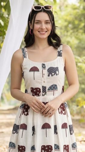Image of Bollyclues Women's Cotton Printed Midi Dress | Sleeveless Square Neck Casual Summer Dress for Women | Stylish Vacation Dress