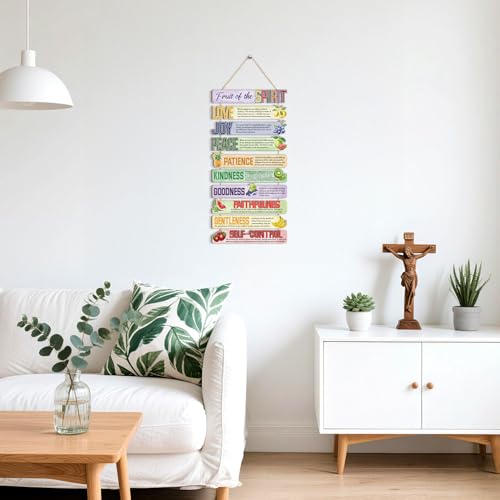 Image of HPNIUB Scripture Fruits Spirit Wall Decor, Bible Verse Funny Kitchen Wooden Sign, Colorful Religious Inspirational Quote Wall Hanging Plaque for Classroom Sunday School Church Dining Room Decoration