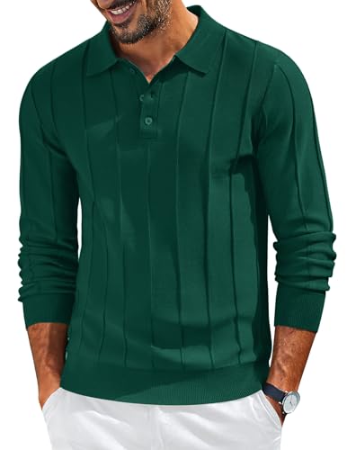 COOFANDY Mens Sweater Polo Knitted Ribbed Long Sleeve Casual Button Dress Pullover Sweaters Fashion Business Fall Clothes 2025 Green