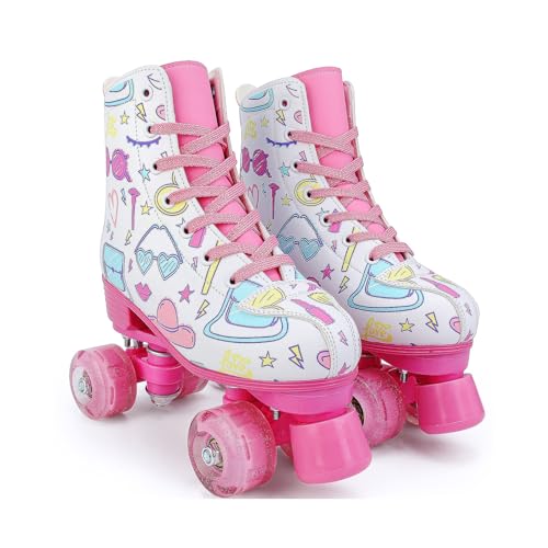 Gets Roller Skates for Girl and Women, PU Leather Light p Kids Roller Skates, Fantasy Adjustable Four-Wheel Beginner Girls Ages 8-12 for Indoor Outdoor (Pink,32)