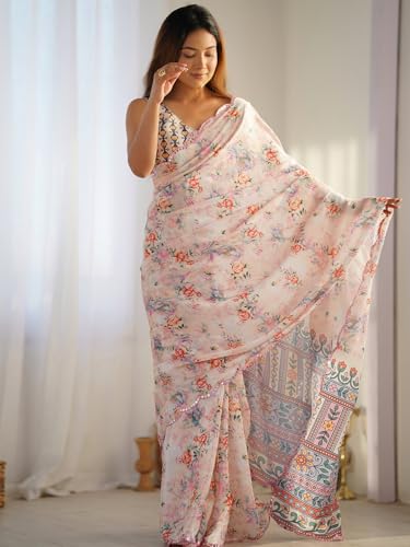 Image of Panzora Women's Chinon Printed Saree With Unstitched Blouse Piece