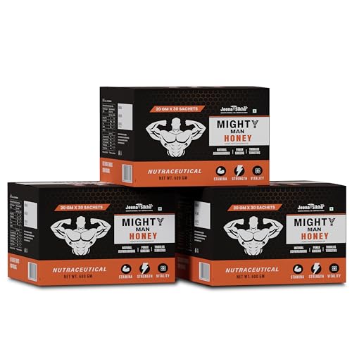 Image of Jeena Sikho Mighty Man Honey | Ayurvedic Nutraceutical for Stamina, Strength & Vitality | Enriched with Ashwagandha, Tribulus Terrestris & Pine Bark Extracts | 30 sachets (20g each), Pack of 3