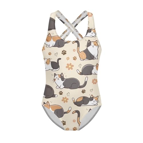 UNICEU Girls Cat Print One Piece Swimsuits Breathable Criss Cross Back Bathing Suit Sleeveless Full Coverage Swimwear