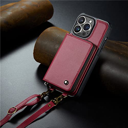 Étui de sac de téléphone en cuir pour iPhone 14 Plus rouge avec cordon