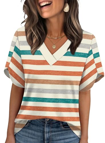 Image of WIHOLL Womens Summer Tops Short Petal Sleeve Shirts Fashion V Neck Womens Clothing