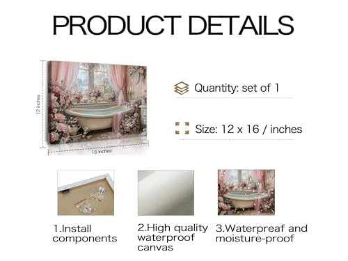 Image of Frimeeme Vintage Pink Bathroom Canvas Wall Art,12x16 Inches