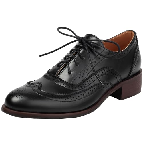Onewus Zapatos Oxford de tacón bajo y cierre de cordones para mujer, estilo retro casual, Negro , 39 EU