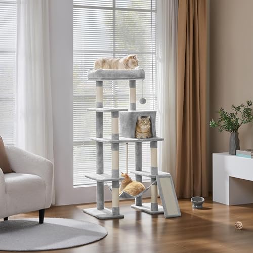 Image of Yaheetech Cat Tree Tower for Large Cats, Multi-Level Condo & Hammock | Sisal posts, scratch board, roomy condo, hammock, and a wide 21-inch top perch fit large cats; condo holds up to 22 lb