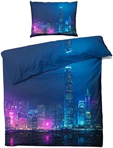 zcwl Twin Duvet Cover Set | Neon City Bedding Set | Citys Scene Pattern | 2 Piece | Soft Microfiber Comforter Cover with Zipper Ties & 1 Pillowcase | Neon City Bedroom & Room Decor