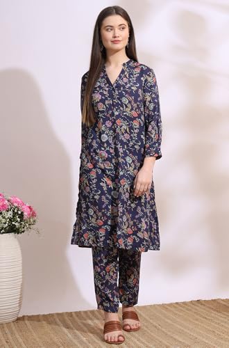 Image of W for Woman Reef Blue Floral Printed Modal Straight Kurta, Pants and Dupatta Set