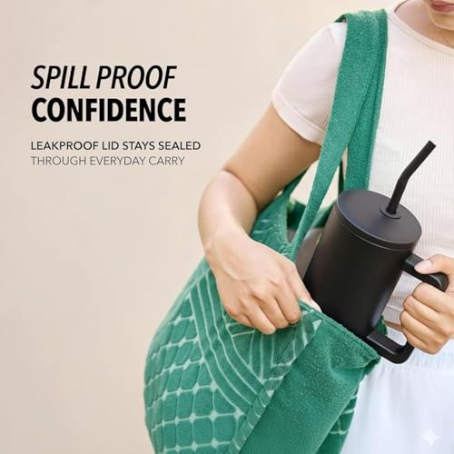 Image of Black Stainless Steel Tumbler with Handle 1200 ml, Straw & Cleaning Brush, Double Wall Leakproof Sipper Tumbler, Cup Holder Fit Travel Mug for Men Women, Portable Tumbler for Gym & Office
