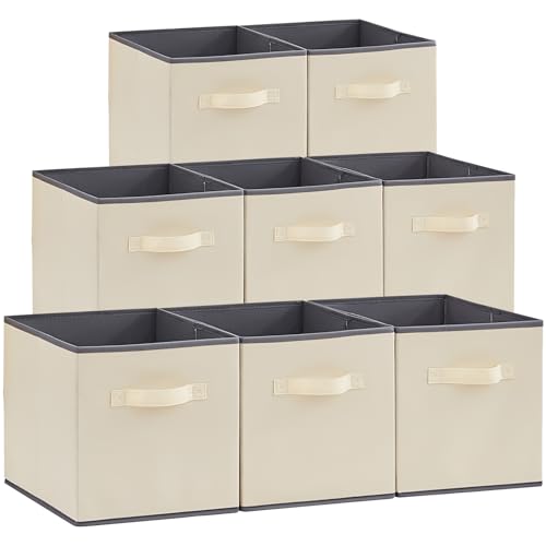 Lifewit Paquete de 8 Cubos de Almacenamiento Plegables, Cestas Organizadoras de Tela, Cajas de Almacenamiento con Asas, Cajas Almacenaje Para Guardar Ropa, Juguetes, 33 x 33 x 33 cm, 36L, Beige